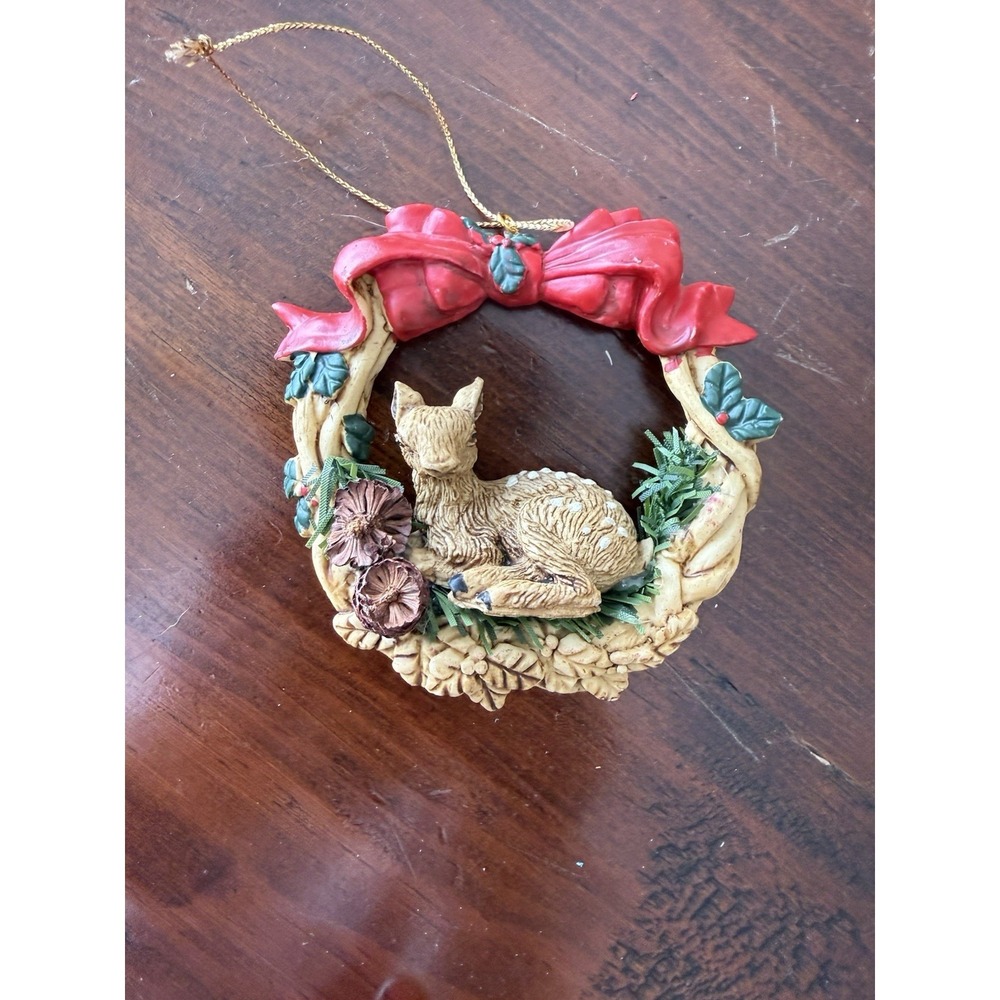 Silvestri Deer Fawn Wreath Ornament Christmas Tree Holiday Red Bow Resin Vintage
